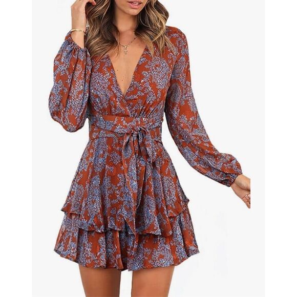 NEW V Neck Ruffle Chiffon Tie Knot Mini L Swing Skater Dress XL - Picture 1 of 6
